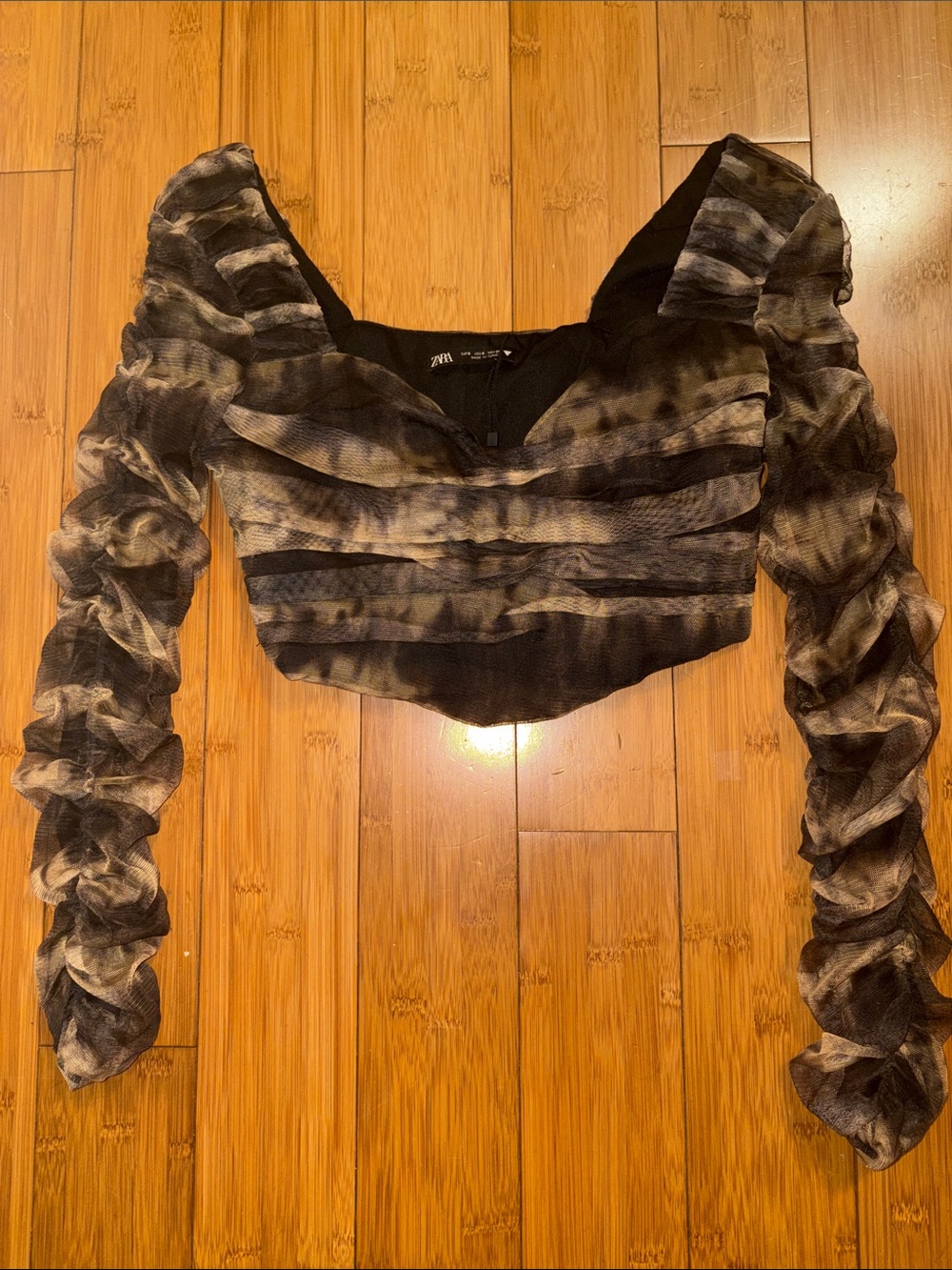 Zara Black & Taupe Ruched Mesh Long Sleeve Crop Top